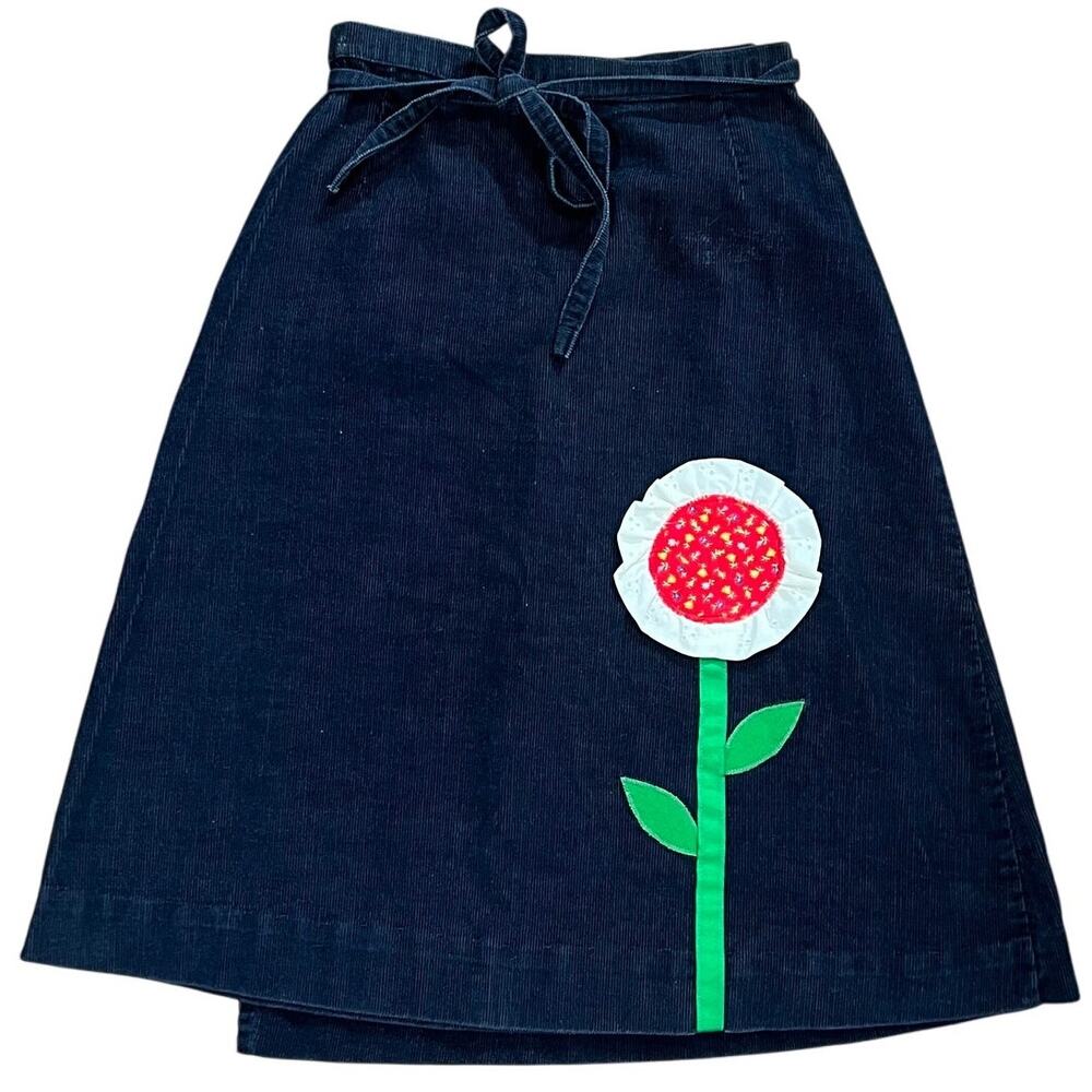Navy Corduroy A Line Wrap Skirt with Adorable Daisy Applique Detail medium